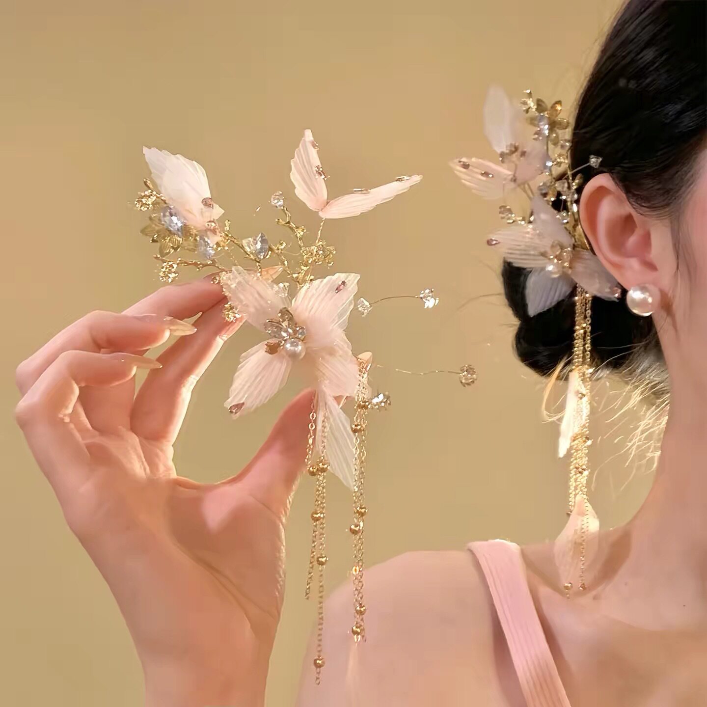 蝶影柔芳！氛围感蝴蝶流苏发夹女！新中式古风汉服旗袍侧边夹发饰
