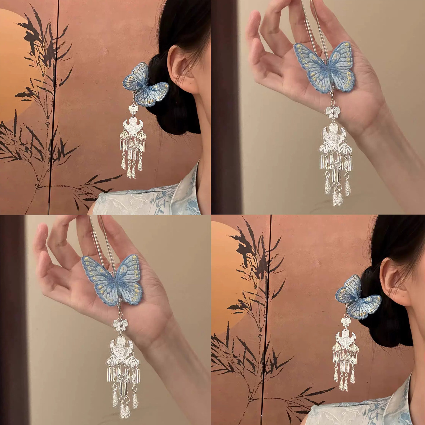 新中式蓝色蝴蝶流苏发簪女新款