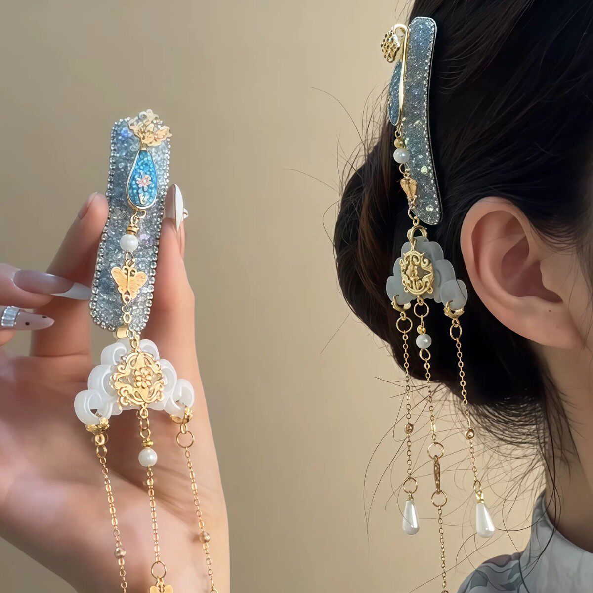 冰蓝沁心｜清新蓝色水钻如意流苏发夹女！新中式旗袍仿玉石碎发饰
