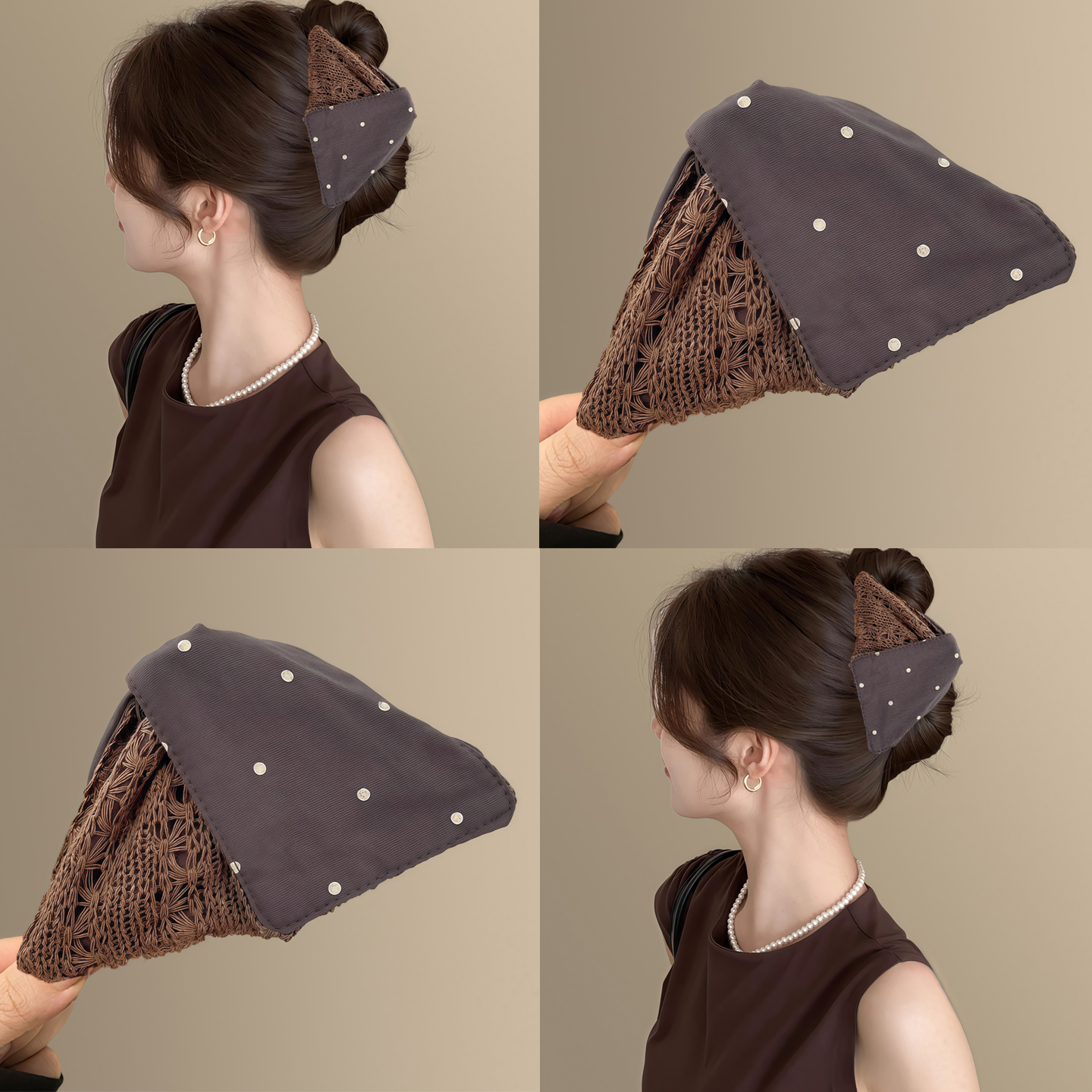 针织布艺拼接波点三角抓夹女秋冬