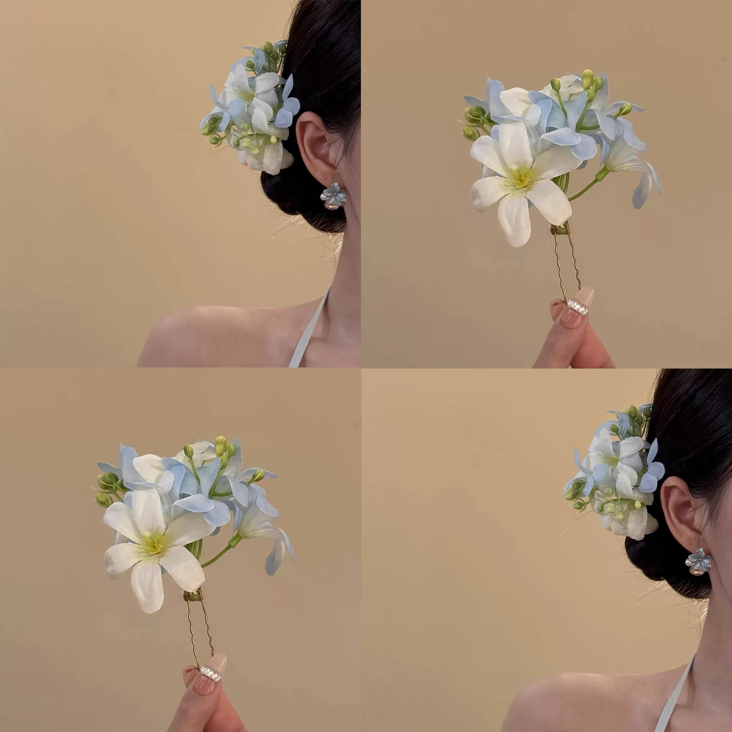 氛围感蓝色仿真花朵发簪女新款