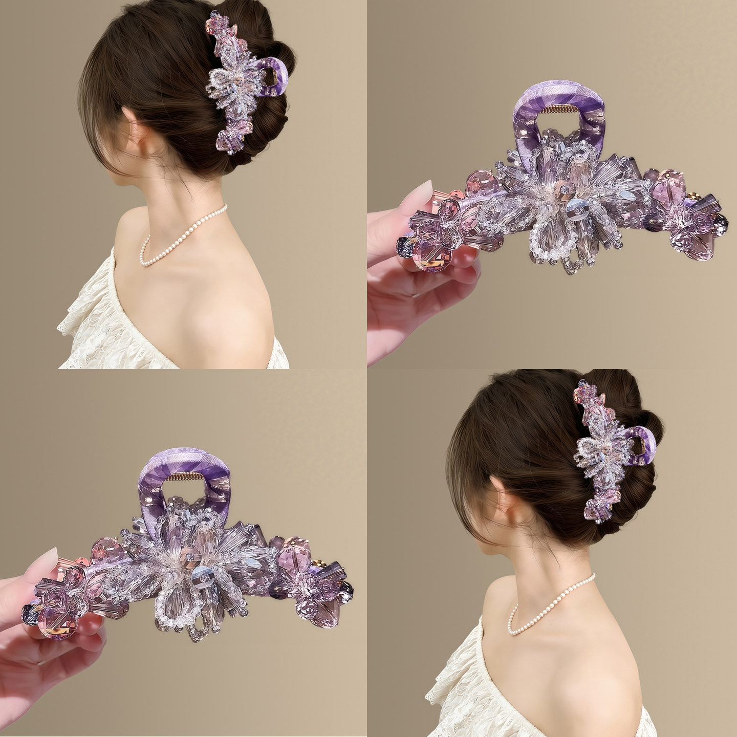 精致重工紫色水晶花抓夹女!