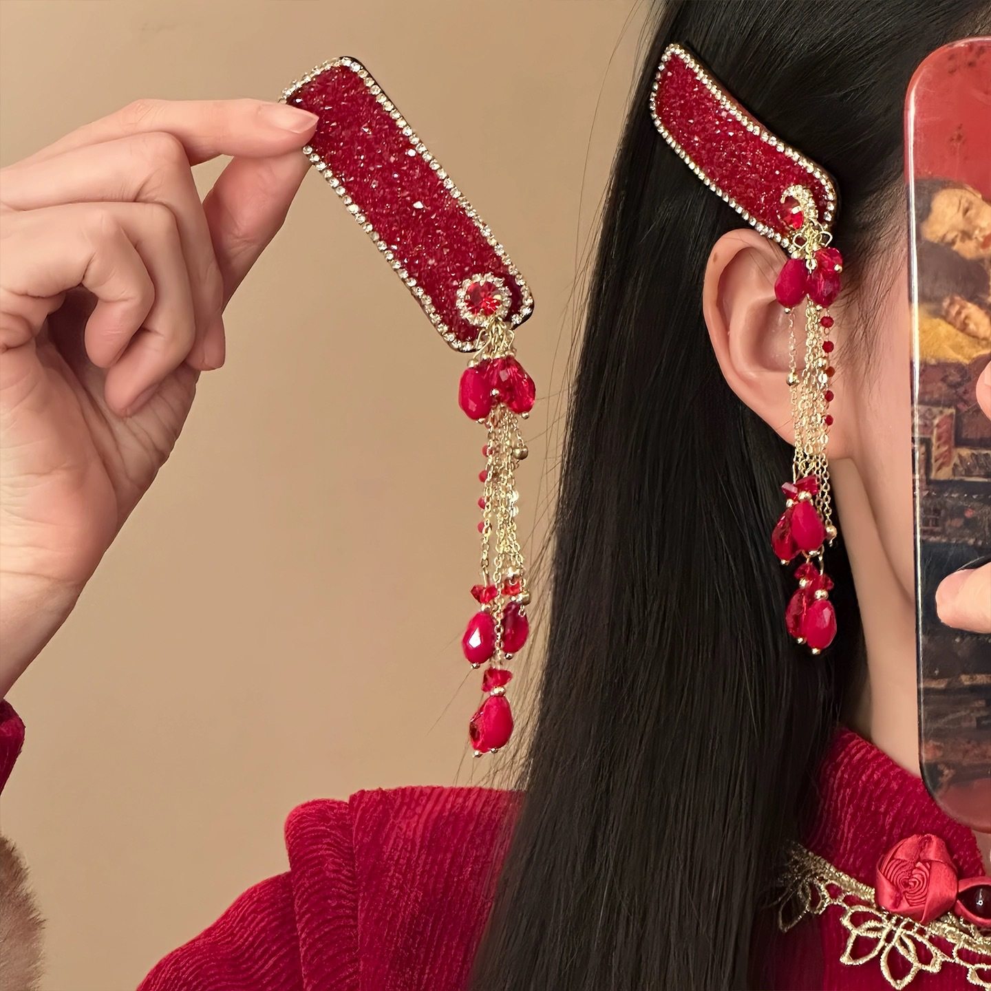 「一眸惊澜」新中式新年红色闪锆流苏发夹女！民族风过年喜庆发饰,饰品/流行首饰/时尚饰品新,发饰,淘宝优惠券,粉丝福利购,淘宝优惠卷