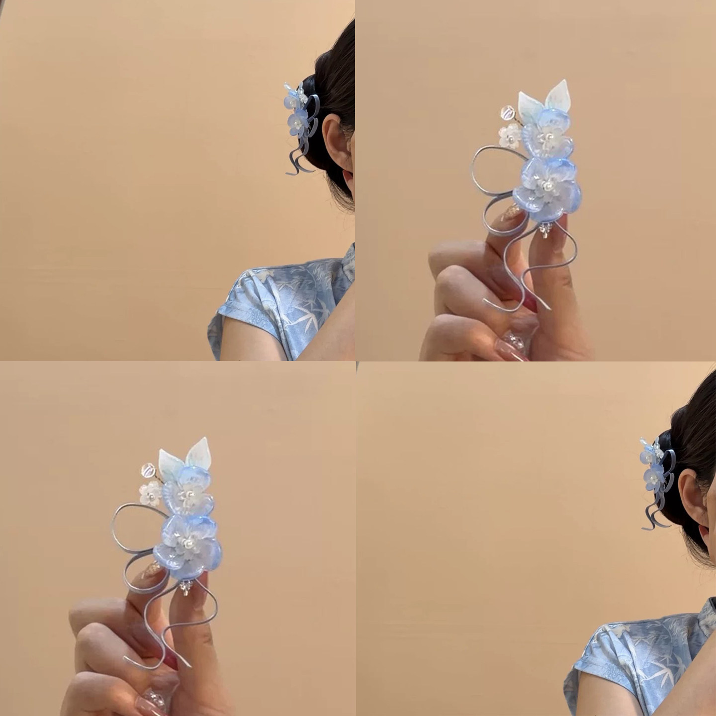 清冷感蓝色琉璃花朵飘带边夹女新
