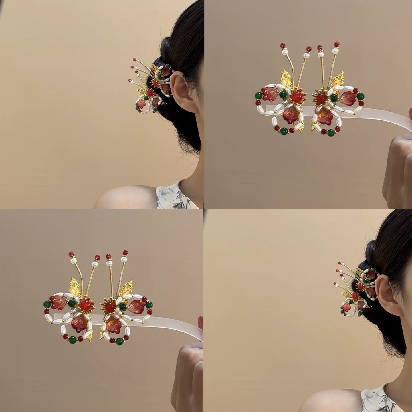 红绿撞色琉璃蝴蝶金触角发夹女
