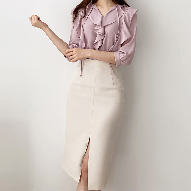 夏新款半身裙前开叉一步裙休闲中长裙包臀高腰西装裙不规则女裙子