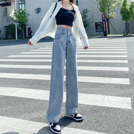 阔腿牛仔裤女小个子秋装2021年新款超高腰宽松直筒拖地裤子春秋
