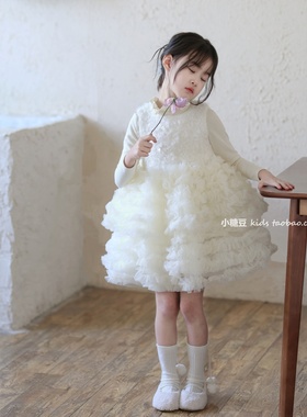 女童花童公主裙白色亮片网纱蛋糕裙2025冬女孩蓬蓬连衣裙生日礼服