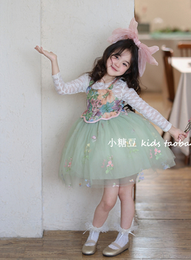 女童绿色花朵网纱背心裙连衣裙2026春季新款女孩蓬蓬公主裙礼服裙