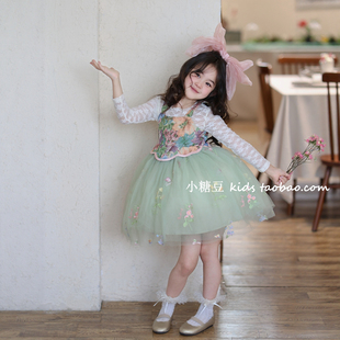 女童绿色花朵网纱背心裙连衣裙2026春季新款女孩蓬蓬公主裙礼服裙