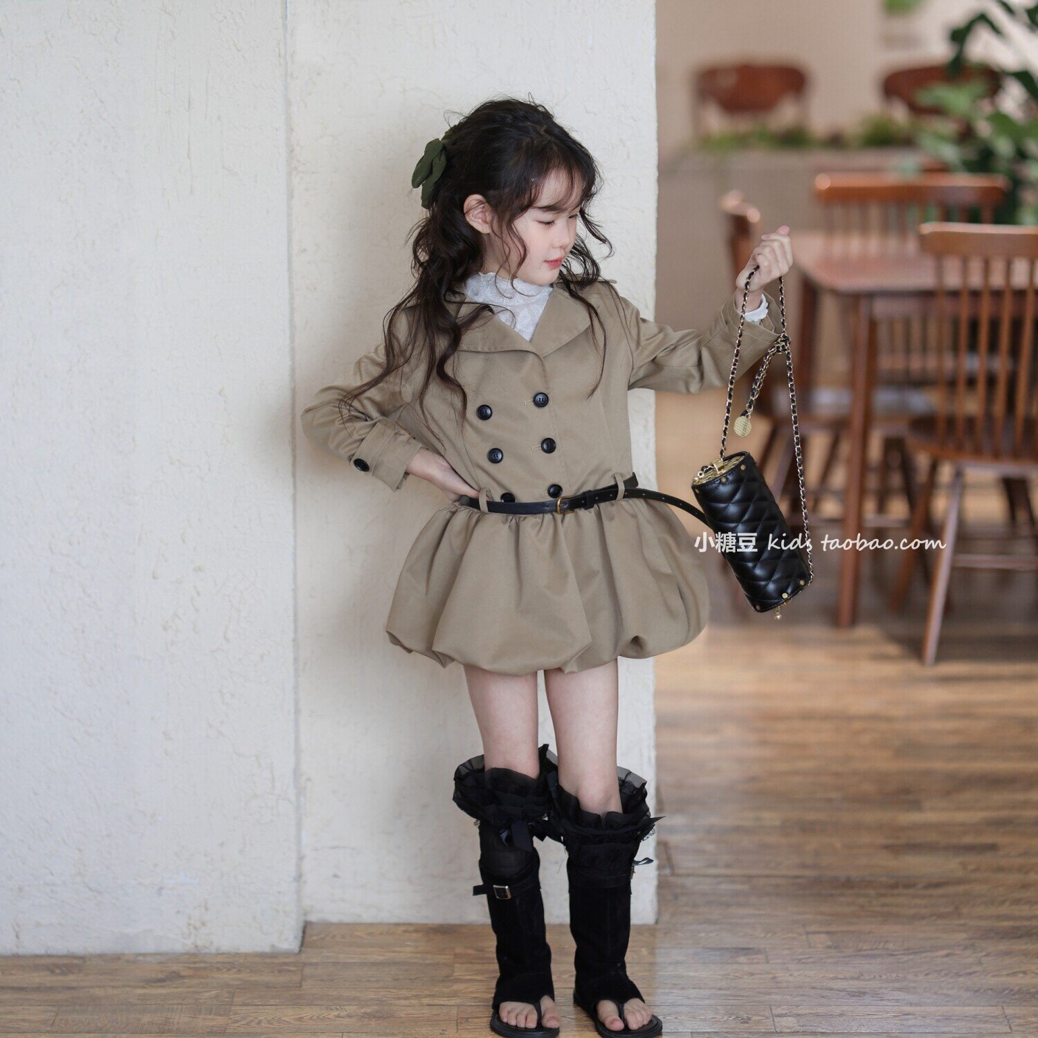 女童复古双排扣风衣连衣裙2026春季新款女孩蓬蓬裙卡其色西装裙子