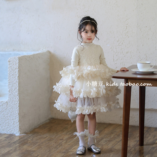 女童花瓣网纱蛋糕连衣裙2025冬季新款女孩高级感蓬蓬公主裙礼服裙