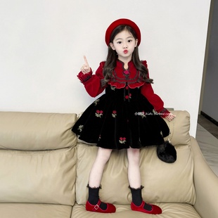 女童法式玫瑰花刺绣加绒丝绒连衣裙2025冬季新款女孩新年公主裙子