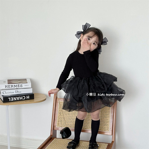 女童长袖小黑裙拼接纱裙