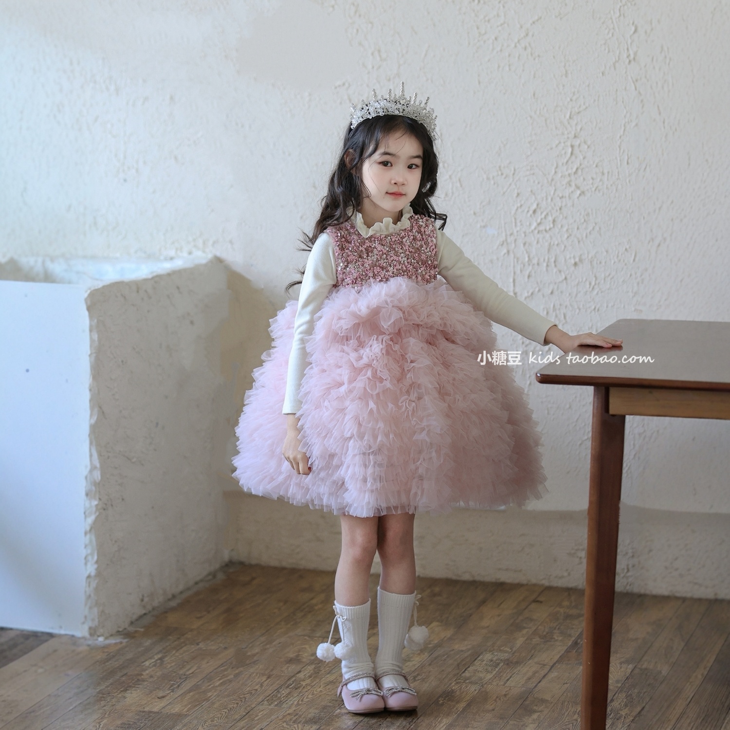 女童加绒粉色亮片蓬蓬公主裙2025冬新款女孩背心裙蛋糕裙连衣裙子