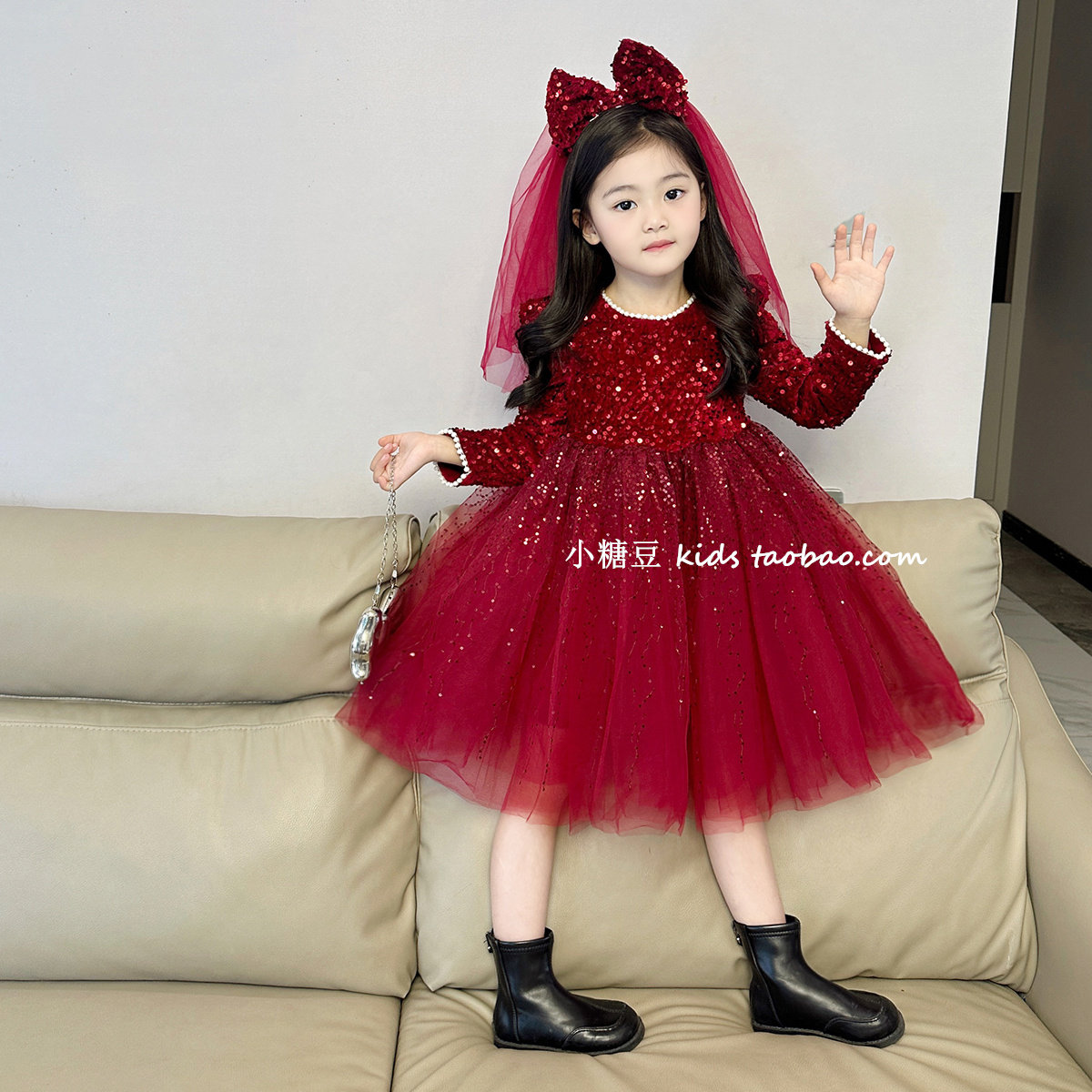 女童红色亮片网纱加绒连衣裙2025冬季新款女孩闪闪公主裙新年礼服,童装/婴儿装/亲子装,连衣裙,淘宝优惠券,粉丝福利购,淘宝优惠卷