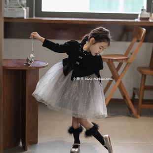 女童闪闪丝绒黑天鹅公主裙加绒连衣裙2025女孩生日网纱裙表演礼服