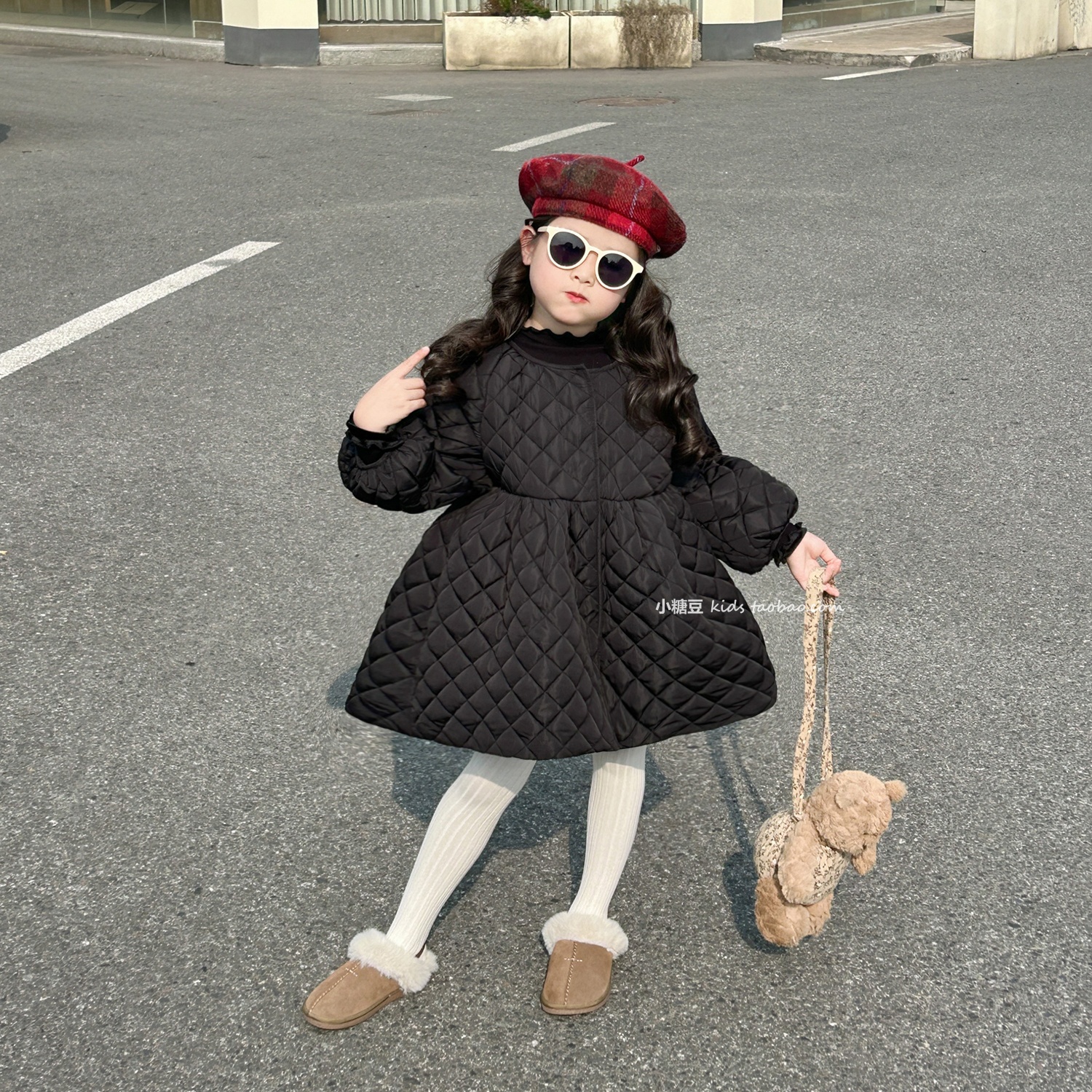 女童黑色菱格纹棉服连衣裙