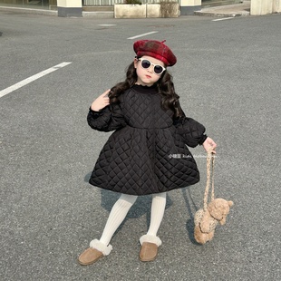 女童黑色菱格纹棉服连衣裙2025冬新款 女孩加厚加绒保暖外套公主裙