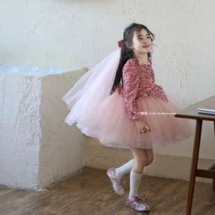 女童粉色闪闪丝绒亮片网纱连衣裙2025秋冬新款女孩加绒生日公主裙