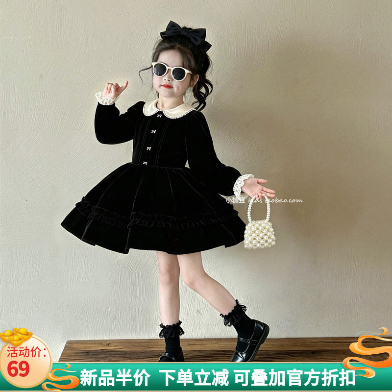 女童娃娃领丝绒连衣裙2026秋冬新款女孩长袖蕾丝花边公主裙蓬蓬裙