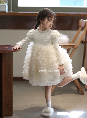 女童白色蛋糕裙连衣裙2025秋冬女孩加绒花童公主裙生日礼服连衣裙