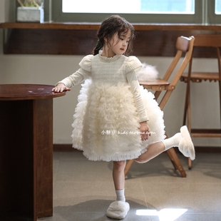 女童白色蛋糕裙连衣裙2025秋冬女孩加绒花童公主裙生日礼服连衣裙