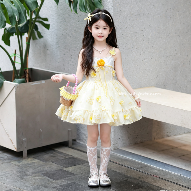 女童黄色花朵刺绣吊带裙连衣裙2026夏季新款女孩甜美可爱公主裙子