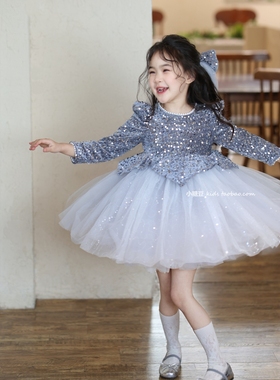 女童灰色丝绒亮片拼接网纱连衣裙2025秋冬女孩加绒亮片纱裙公主裙