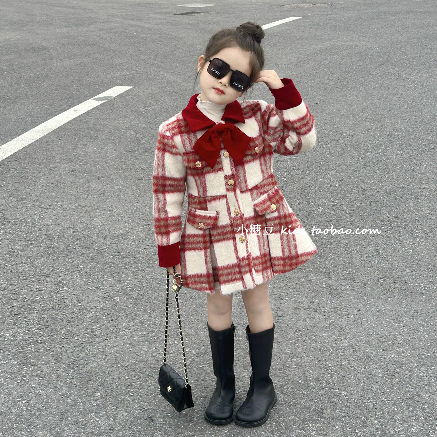 女童红色格子毛呢夹棉连衣裙大衣