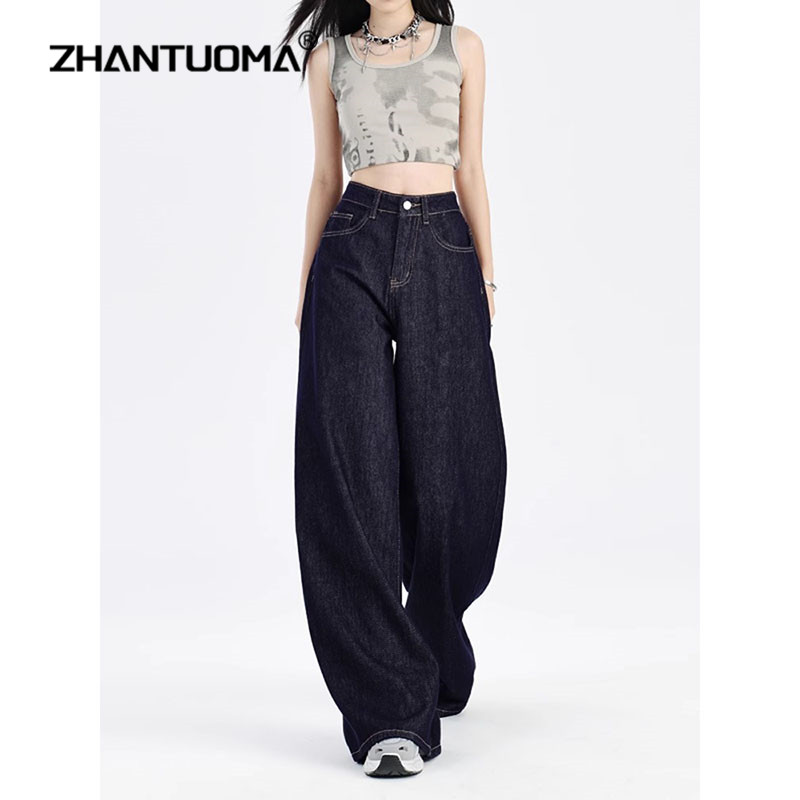 深蓝色美式薄款阔腿牛仔裤女士夏季2025新款高腰显瘦休闲拖地裤子