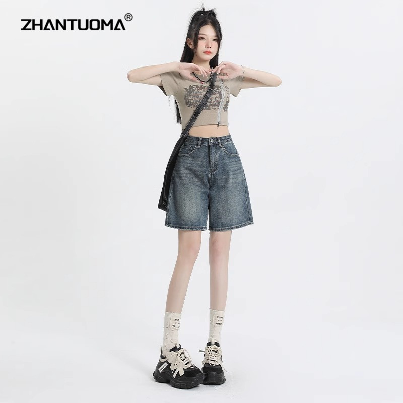 五分牛仔裤女2025年夏季新款小个子薄款宽松高腰显瘦复古阔腿短裤