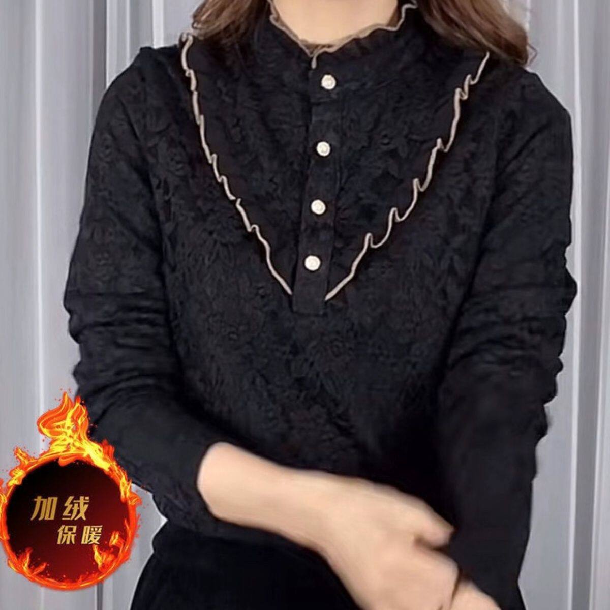 加绒加厚蕾丝打底衫女冬装新