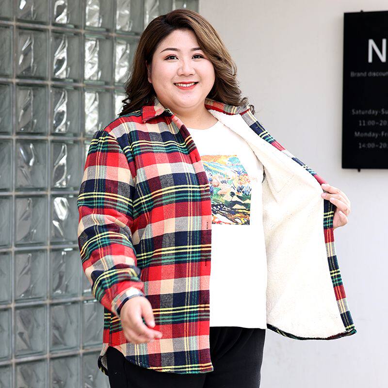 加肥加大格子衬衫女叠穿