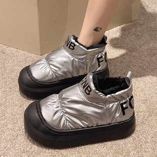 加绒保暖外穿防滑厚底防水百搭网红家居高帮拖鞋 羽绒布棉鞋 女冬季