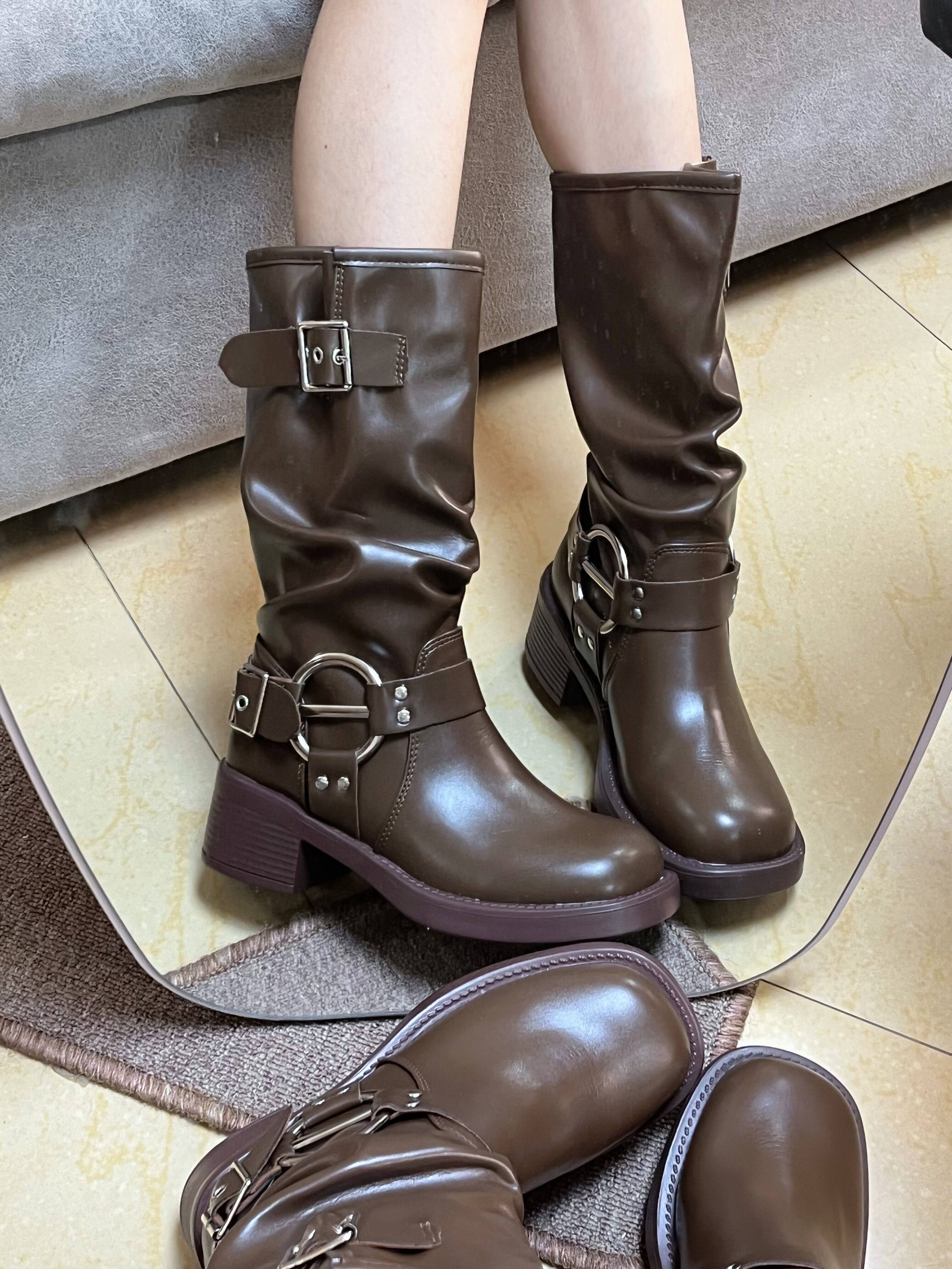 SMALL MAN MID-CUT RIDER BOOTS WOMENS BLOCK HEEL FLAT LEATHER SQUARE TOE PLEATED PILE BOOTS BROWN WESTERN COWBOY BOOTS TIDE