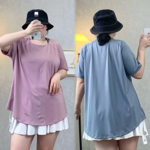 大尺码遮裆臀三角区宽松大基数胖mm250斤速干排汗健身瑜伽短袖t恤