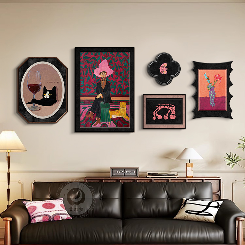 中古风客厅装饰画 画人物猫咪沙发背景墙挂画 画小众艺术高级感组