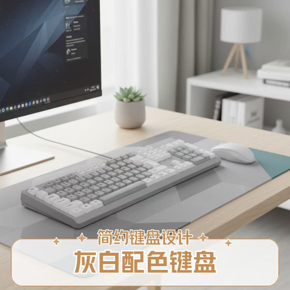 有线键盘鼠标套装灰白配色办公桌台式电脑有线键鼠轻音高颜值通用