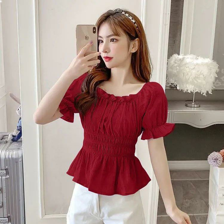 雪纺衫短袖夏季新品2022韩版收腰显瘦纯色折皱一字肩女士上衣小衫