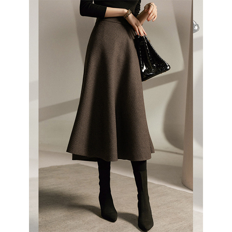 法式千鸟格子毛呢半身裙女2025新款秋冬款高级感ol中长款a字裙子