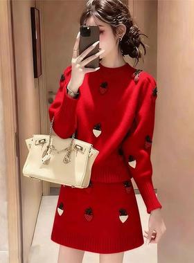 巨好看冬装套装韩系红色针织衫毛衣半身裙一整套2026新款两件套女