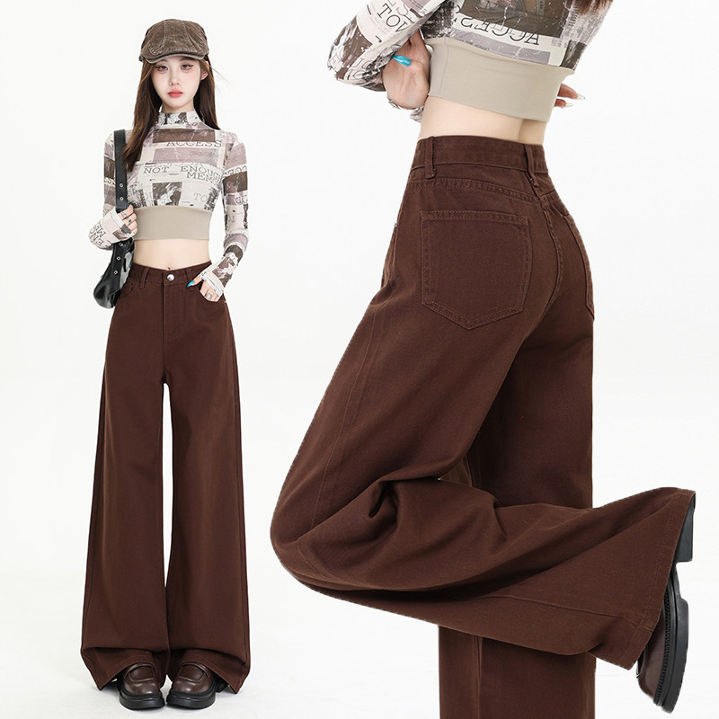 咖啡色阔腿牛仔裤女2025年秋冬高腰直筒宽松百搭慵懒风拖地裤