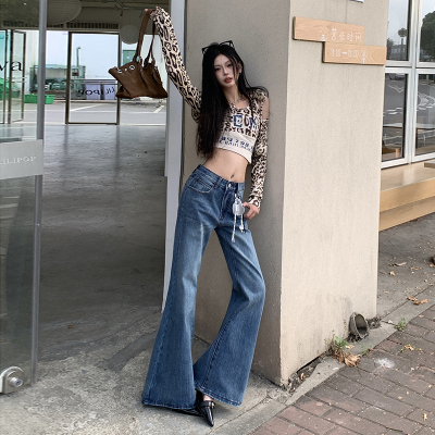 爱伊恋0033爆款弹力重工竹节纹超级复古蓝牛仔裤女低腰阔腿微喇裤