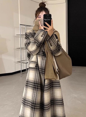 覆古格子毛呢外套女中长版2025新款秋冬高级感气质小香赫本风衣