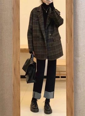 格子西装领毛呢外套女秋冬季大尺码胖mm宽松赫本风高级覆古呢子大