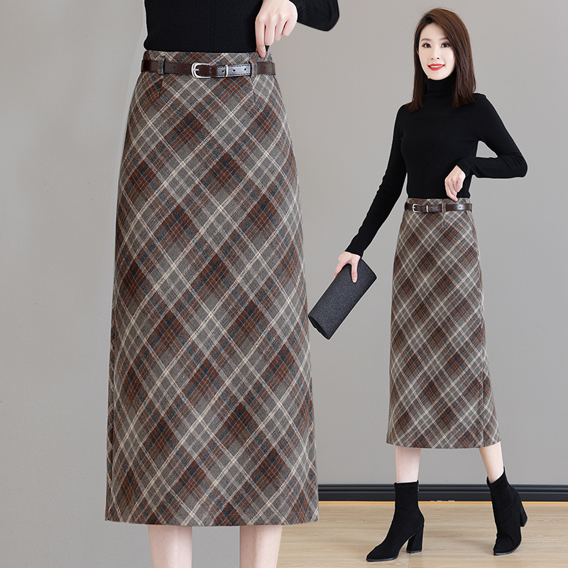 格子毛呢半身裙女2025秋冬季新款高腰中长款a字加厚一步包臀裙子