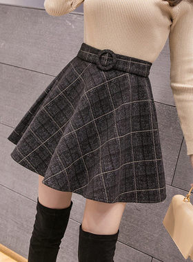 毛呢半身裙女秋冬高腰显瘦遮胯百搭修身格子蓬蓬a字百褶打底短裙