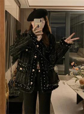 大码女装秋季款胖mm小香风开衫呢子外套高级感小个子长袖毛呢大衣