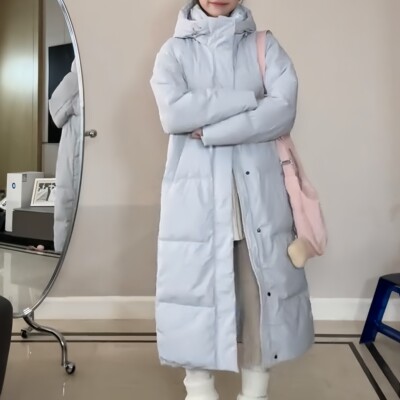 蓝色羽绒服中长款棉服女2025冬季新款小个子学生加厚保暖过膝棉袄